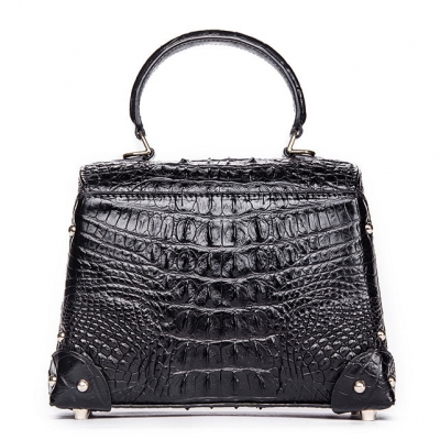 Ladies Crocodile Shoulder Bag Top Handle Handbag-Black-Back