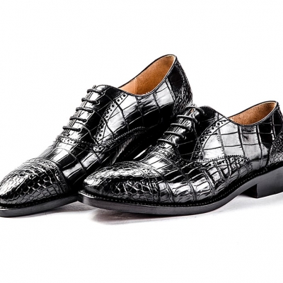 Formal Alligator Cap-Toe Lace-up Oxford Dress Shoes-Black