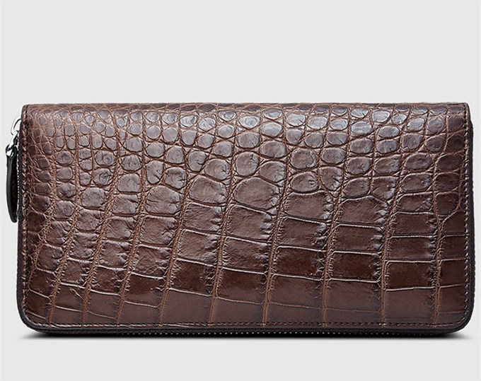  Brown Mens Long Checkbook Bifold Alligator Leather Wallet Extra  Capacity/Credit Card Holder with 11 Card Slots Crocodile Premium Executive