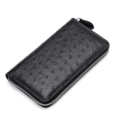 Ostrich Skin Long Wallet with Zipper for Men-Black