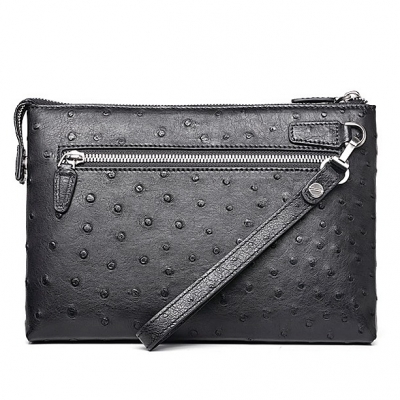 Ostrich Leather Large Wallet with Strap Wristlet Clutch Bag for Men-Back