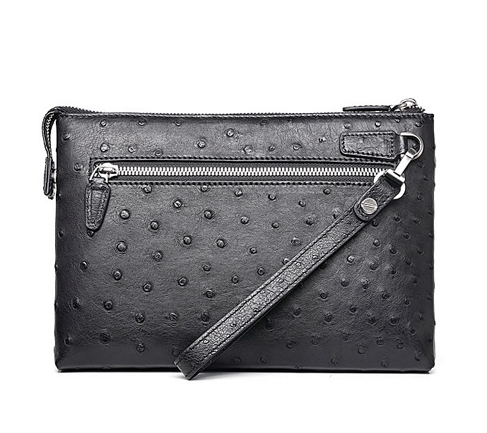 Ostrich Leather Large Wallet with Strap Wristlet Clutch Bag for Men