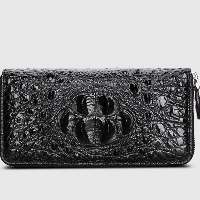 Crocodile Leather Long Checkbook Wallets Phone Clutch with Zipper-Black